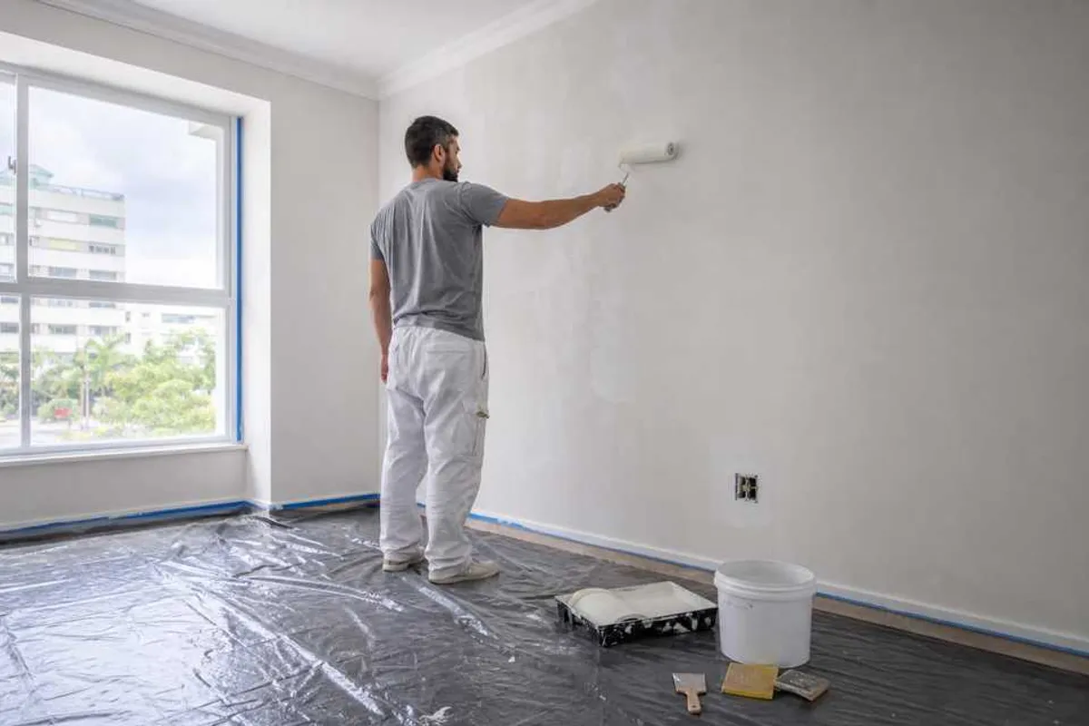 Pintor preparando parede interna em apartamento no Saco dos Limões