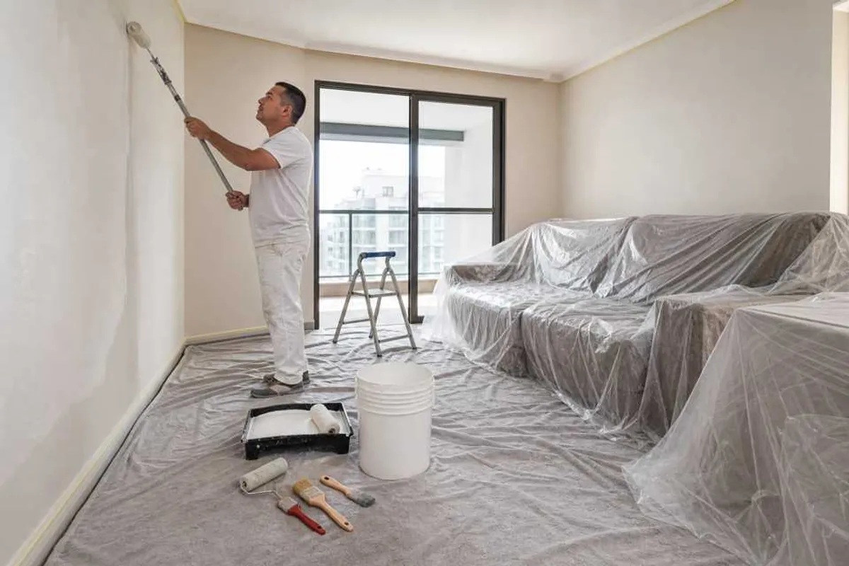 Pintor aplicando tinta em parede de sala com móveis protegidos